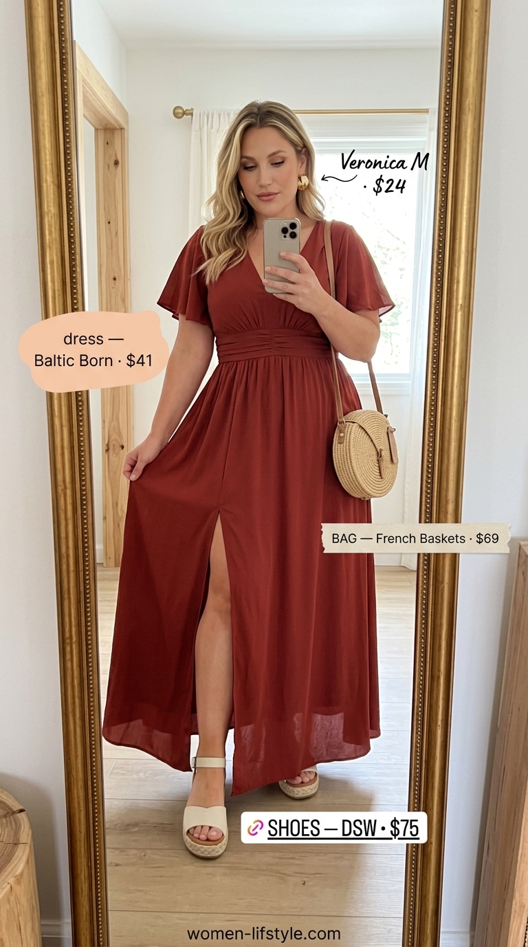Dressy plus size women summer outfits 2026: Terracotta linen maxi dress for outdoor dinner. Earthy bohemian style.
