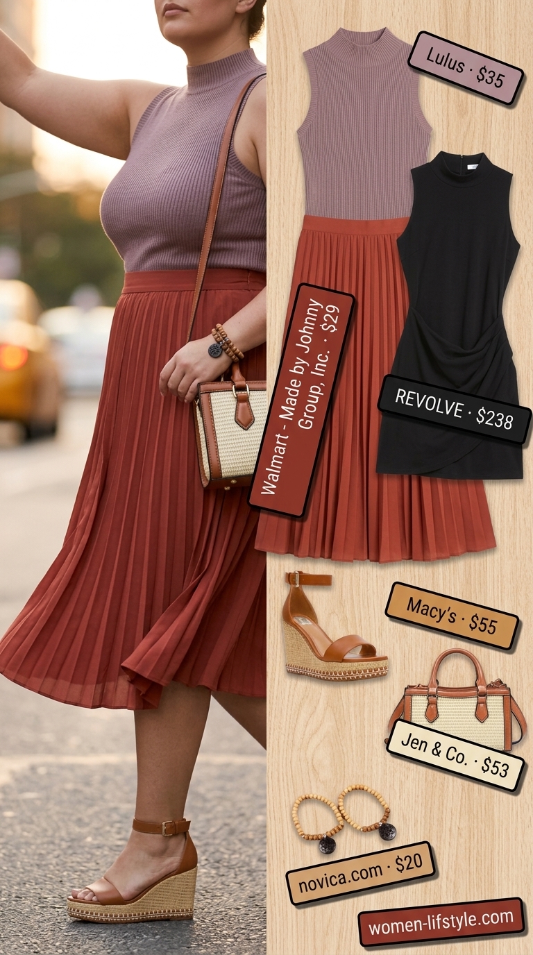 Dressy plus size women summer outfits 2026: Terracotta pleated midi skirt for outdoor dinner. Warm and artistic.