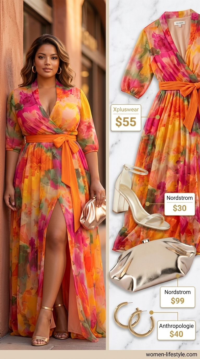 Glamorous plus size tropical floral maxi wrap dress for a sunset soiree outfit 2026.