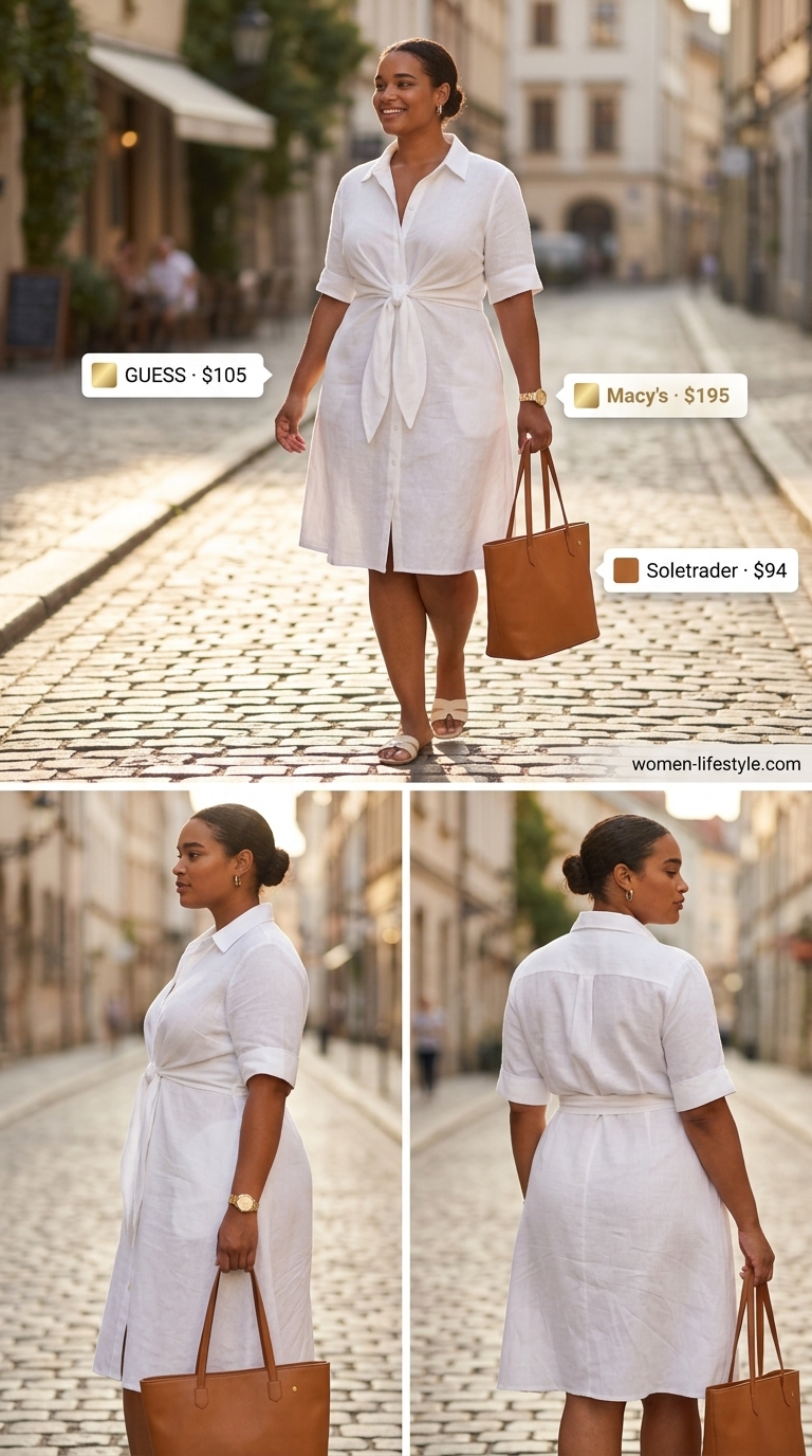 Polished plus size white linen blend shirt dress for city summer soiree outfits 2026.