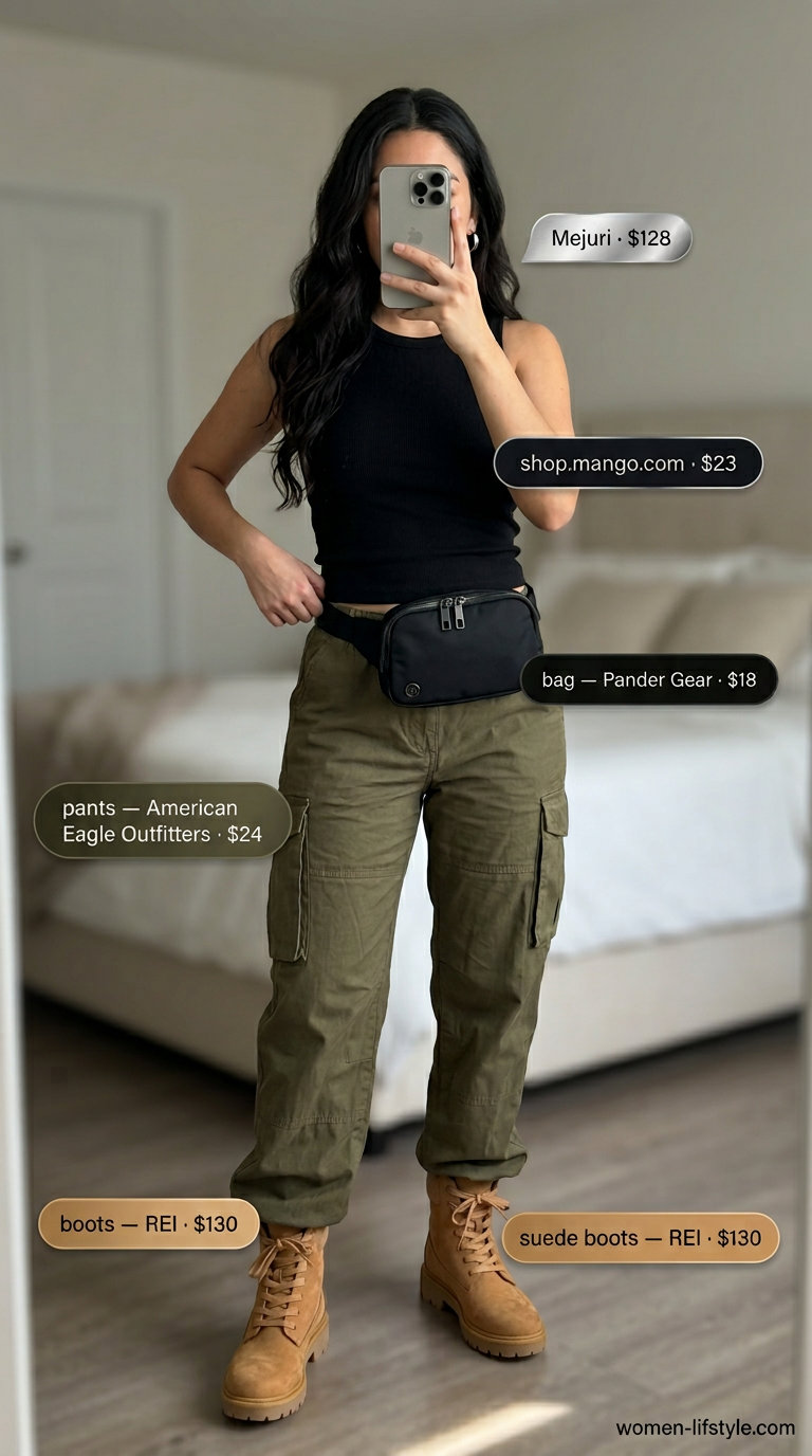 Edgy summer outfits with boots for women 2026: Olive green cargo pants, ribbed tank, and hiker boots for city exploration.
