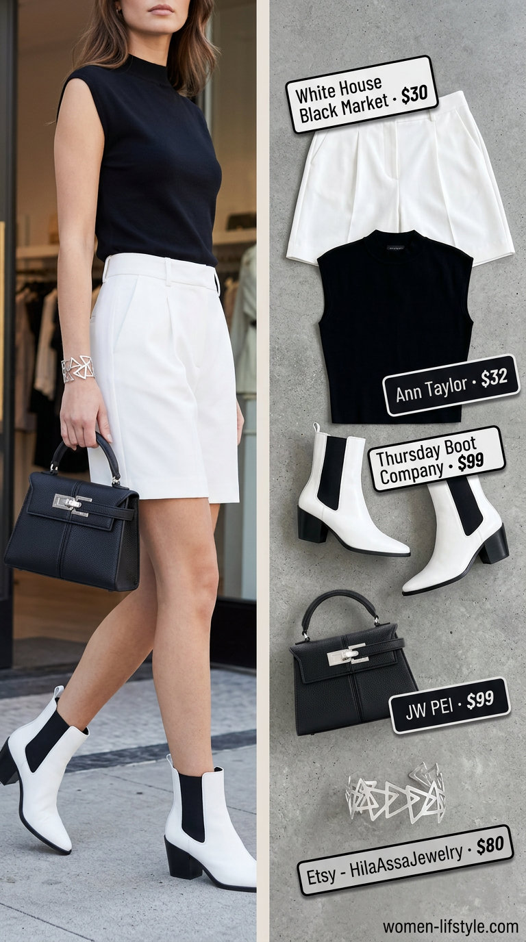 Edgy summer outfits with boots for women 2026: Tailored shorts, mock neck top, and white leather boots.