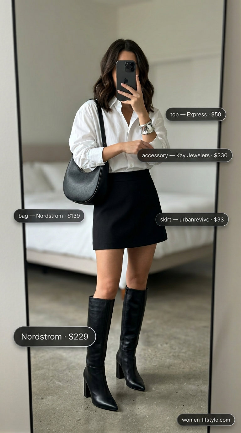 Edgy summer outfits with boots for women 2026: crisp white shirt, tailored mini skirt, and knee-high boots.