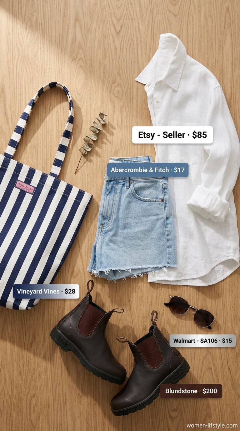 Edgy summer outfits with boots for women 2026: Light wash denim shorts, oversized linen shirt, and canvas tote for a coastal look.