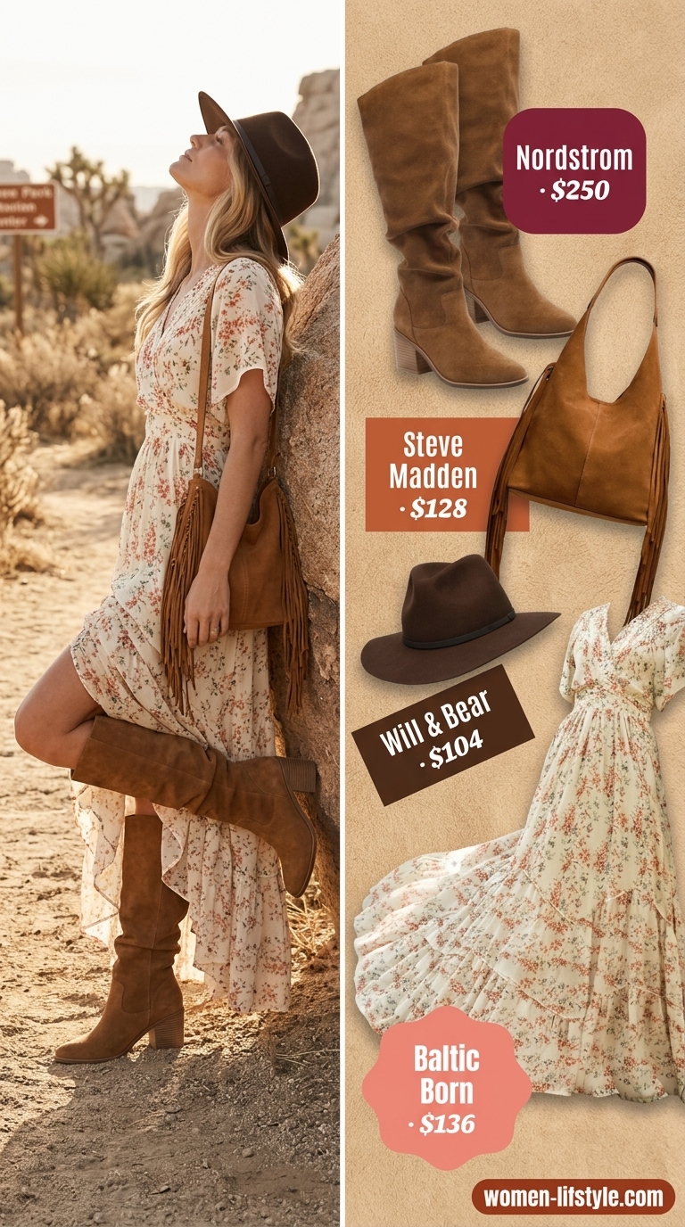 Edgy summer outfits with boots for women 2026: Floral maxi dress, suede boots, and wide-brim hat.