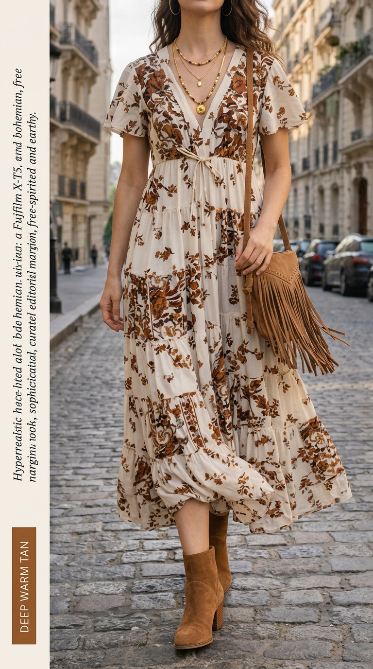 Edgy summer outfits with boots for women 2026: floral maxi dress, suede ankle boots, and layered necklaces.
