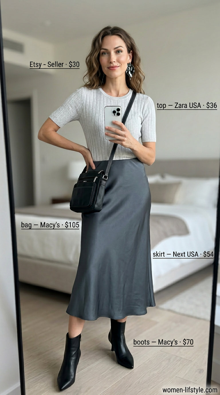 Edgy summer outfits with boots for women 2026: slip skirt, metallic top, and heeled ankle boots.