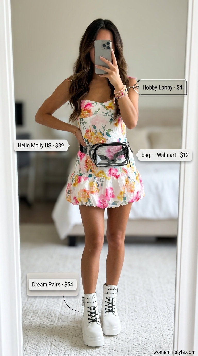 Edgy summer outfits with boots for women 2026: floral mini dress and white platform boots.