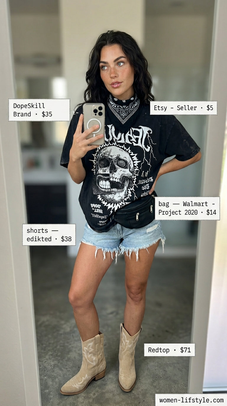Edgy summer outfits with boots for women 2026: Distressed denim shorts, graphic tee, and suede western boots for a festival vibe.