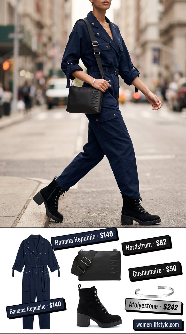 Edgy summer outfits with boots for women 2026: Navy utility jumpsuit, black ankle boots, and silver cuff for a modern look.