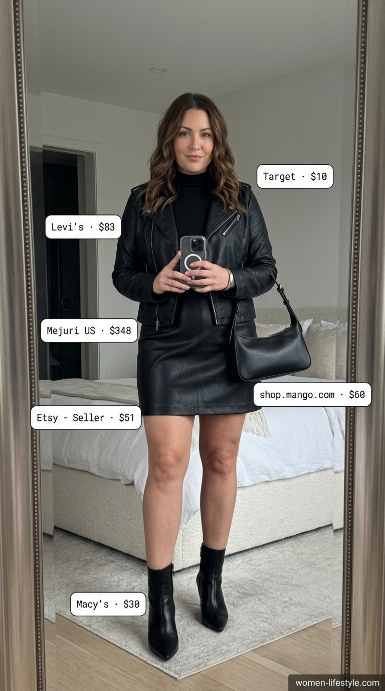 Edgy summer outfits with boots for women 2026: faux leather skirt, moto jacket, and pointed-toe boots.