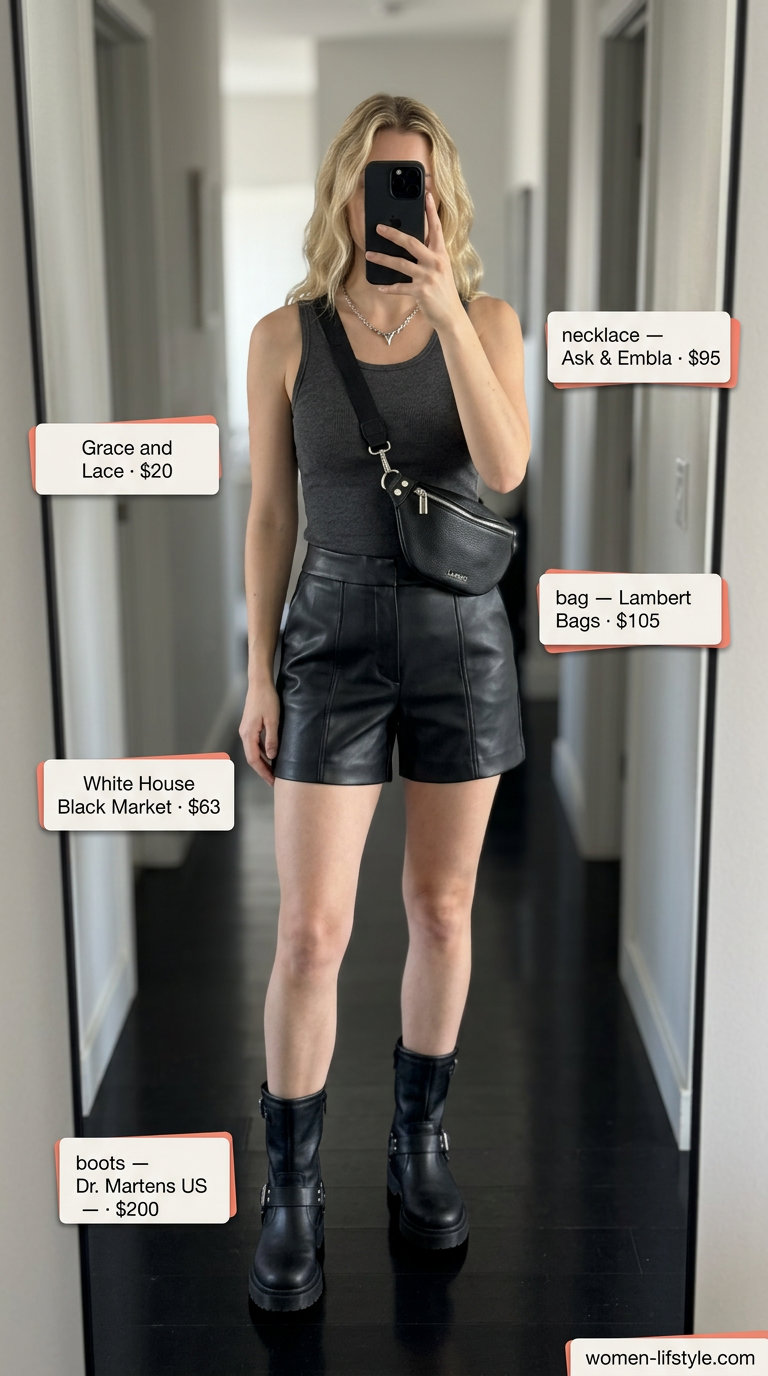 Edgy summer outfits with boots for women 2026: faux leather shorts, ribbed tank, and moto boots.