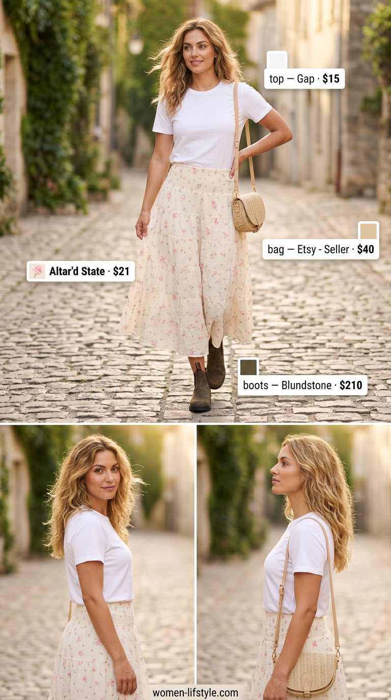 Edgy summer outfits with boots for women 2026: Pastel floral midi skirt, white tee, and straw bag for a romantic picnic look.