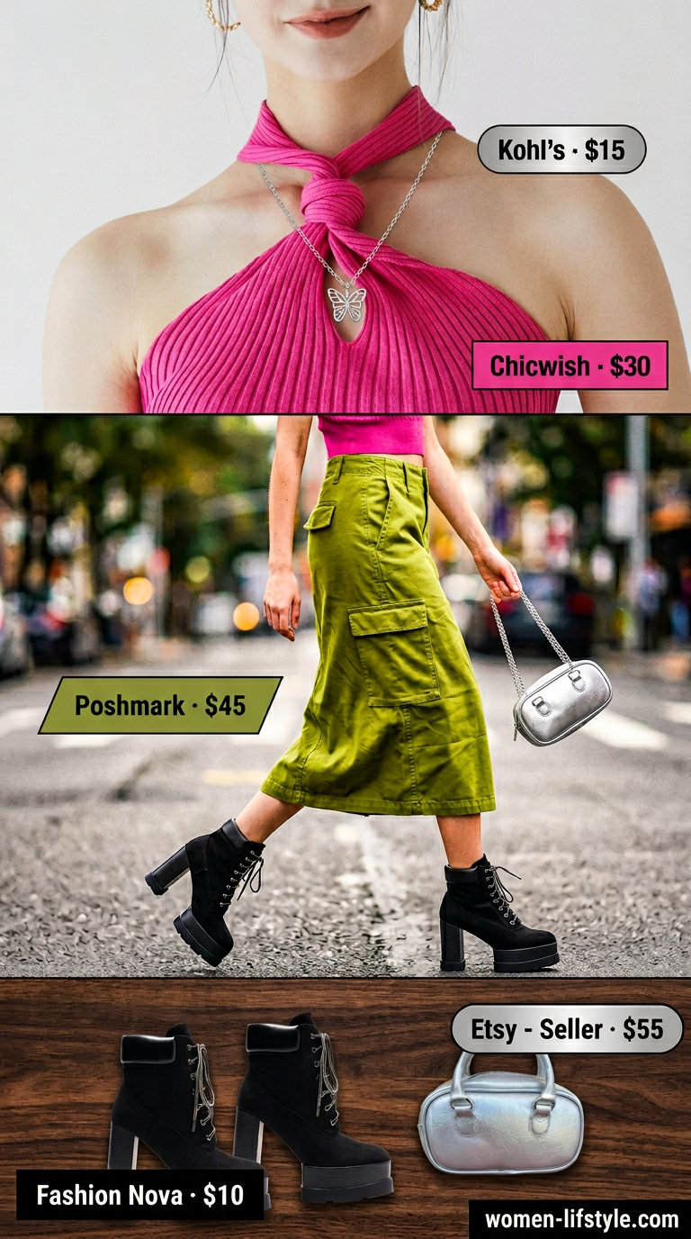 Edgy summer outfits with boots for women 2026: Olive green cargo skirt, hot pink halter top, and black platform boots.