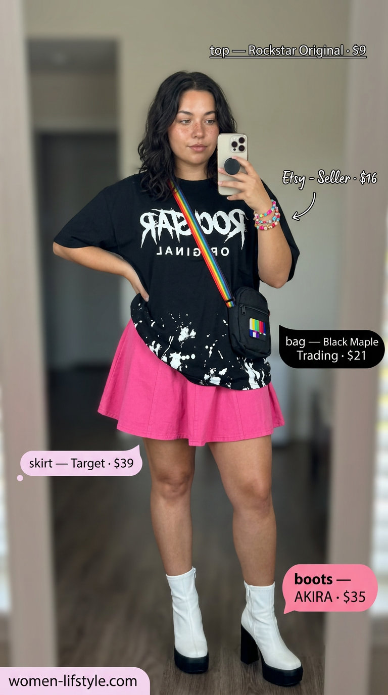 Edgy summer outfits with boots for women 2026: graphic tee, A-line skirt, and chunky platform boots.