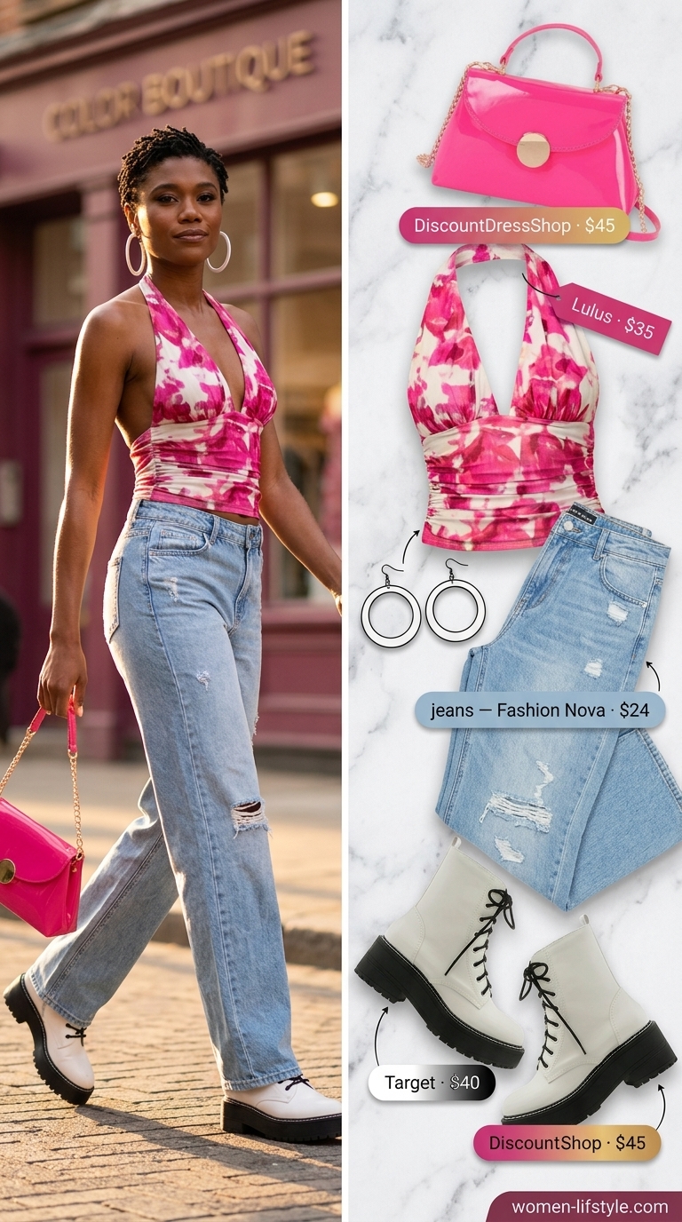 Edgy summer outfits with boots for women 2026: Baggy jeans, cropped halter top, and chunky platform boots for a retro Y2K look.