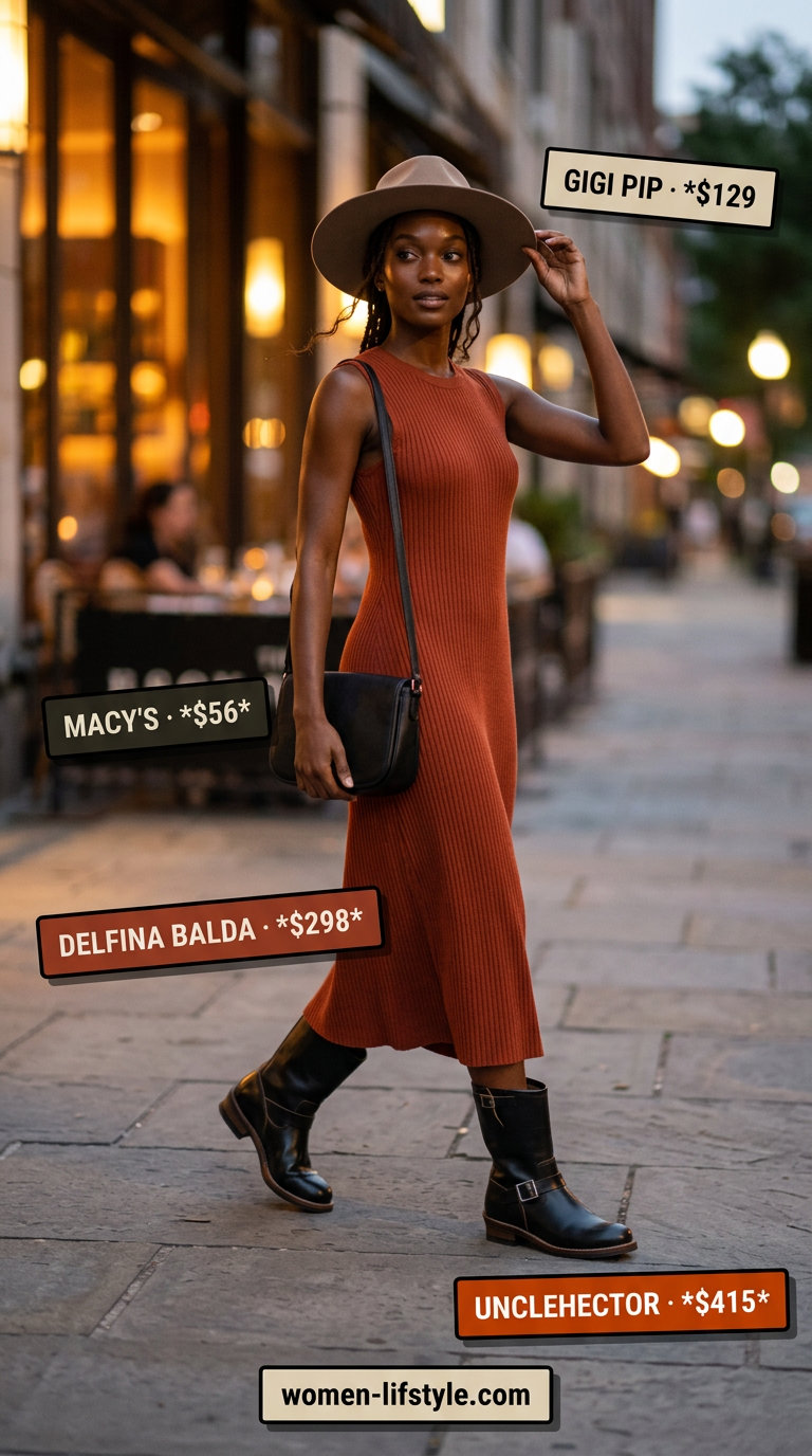 Edgy summer outfits with boots for women 2026: Knit midi dress, moto boots, and wide-brim hat.