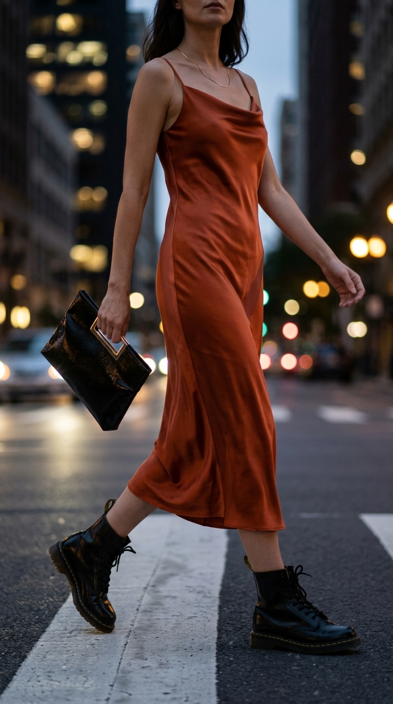 Edgy summer outfits with boots for women 2026: Rust orange slip dress, gold necklaces, and clutch for a date night look.