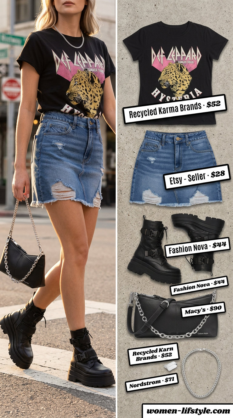 Edgy summer outfits with boots for women 2026: Graphic tee, distressed denim skirt, and combat boots.