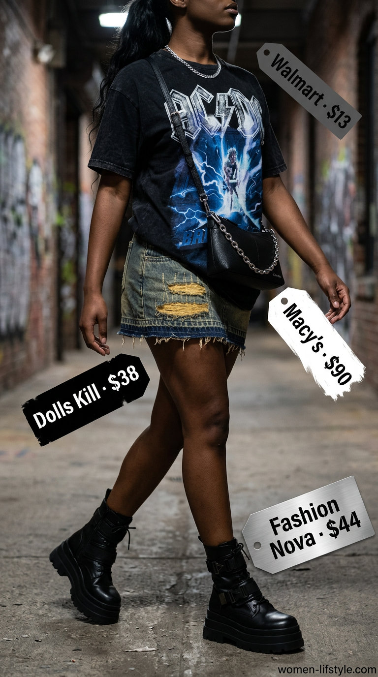 Edgy summer outfits with boots for women 2026: distressed denim mini skirt, graphic tee, and combat boots.