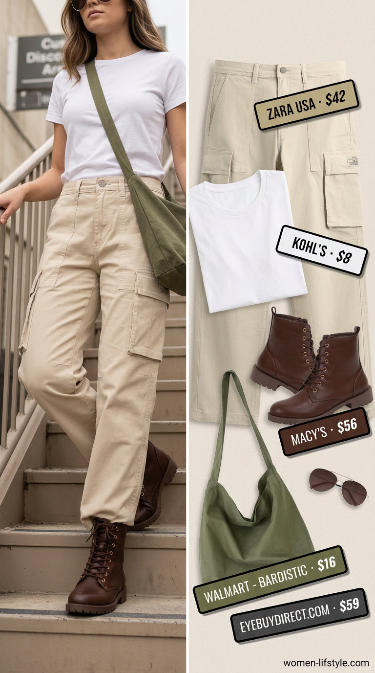 Edgy summer outfits with boots for women 2026: Cargo pants, white tee, and brown combat boots for a rugged weekend look.