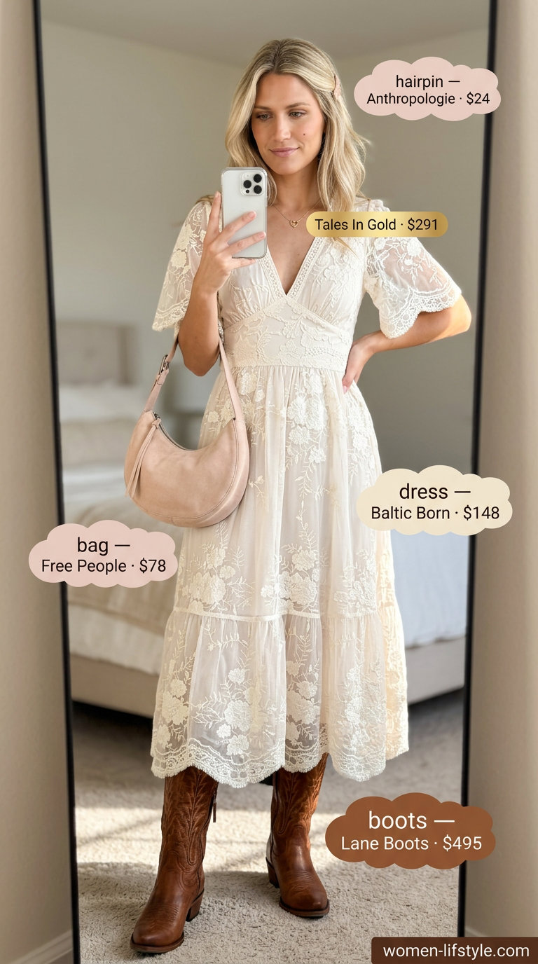 Edgy summer outfits with boots for women 2026: lace midi dress and knee-high cowboy boots.