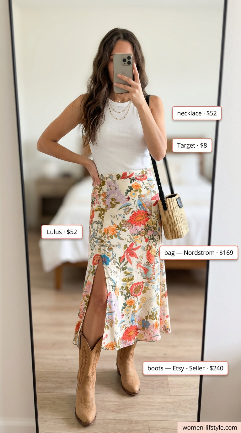Edgy summer outfits with boots for women 2026: floral midi skirt, ribbed tank, and cowboy boots.