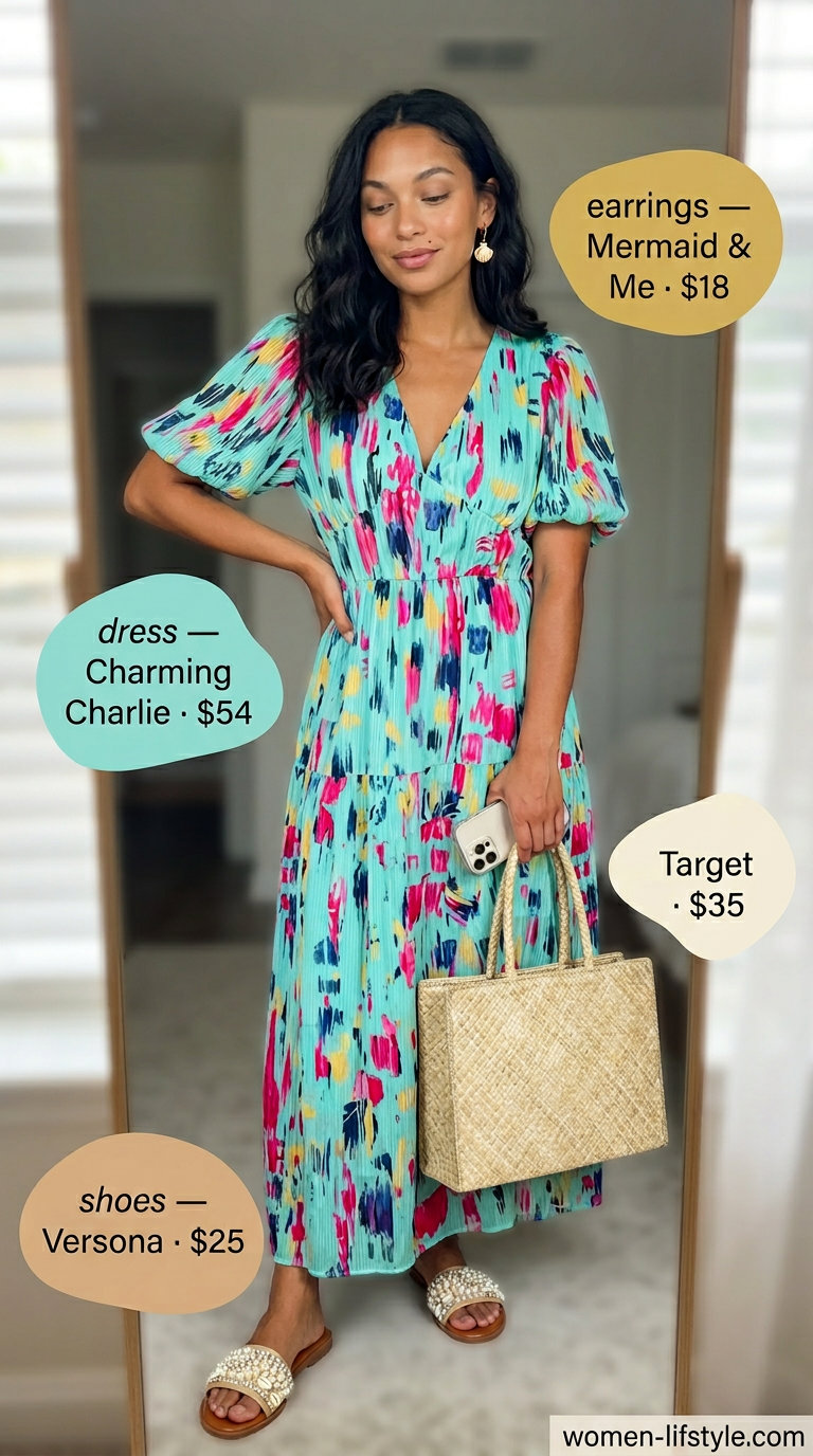 Effortless Casual Summer Outfits 2026: Boho Beach Cover-Up Effortless casual summer outfits for women 2026: Turquoise sheer kaftan dress, white sandals, straw tote.