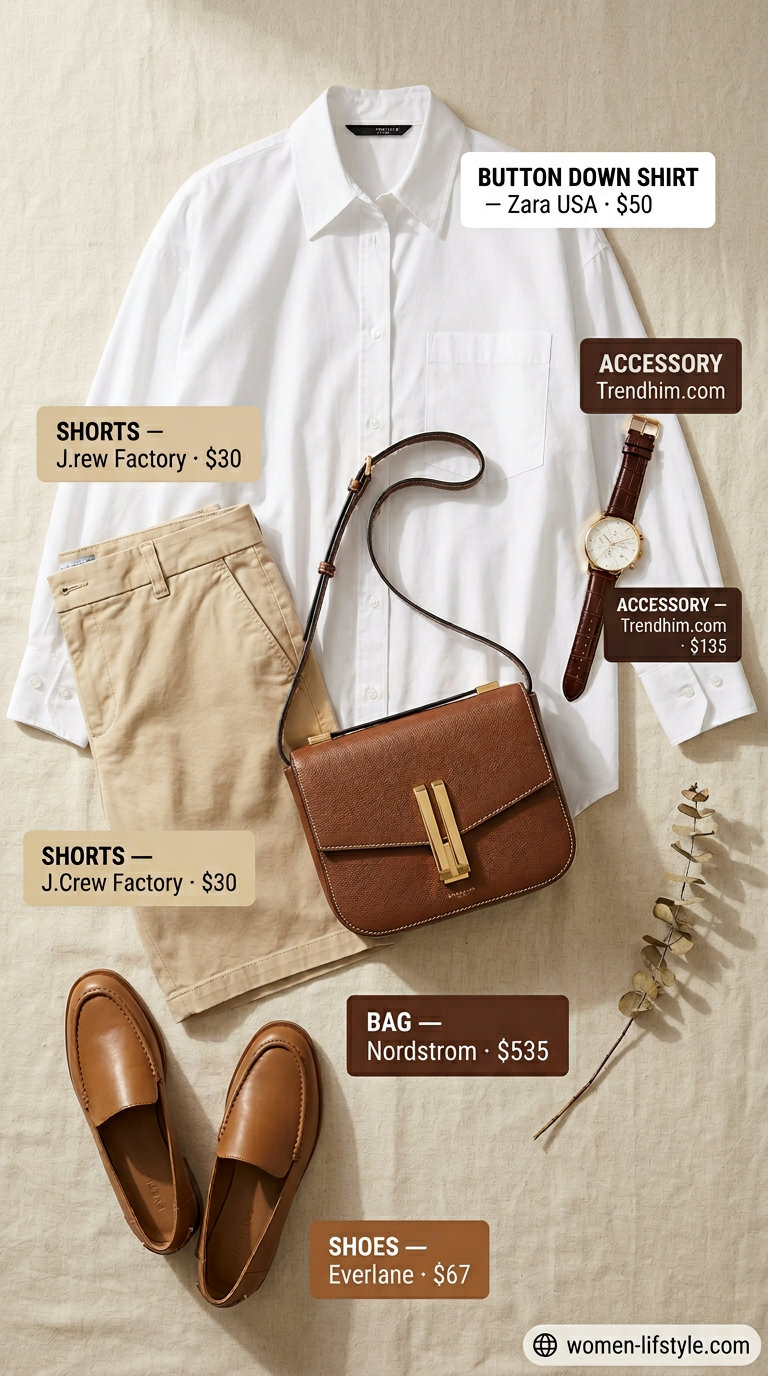 Effortless Casual Summer Outfits 2026: Button-Down Shirt Effortless casual summer outfits women 2026: White button-down, beige shorts, loafers, and leather crossbody bag.