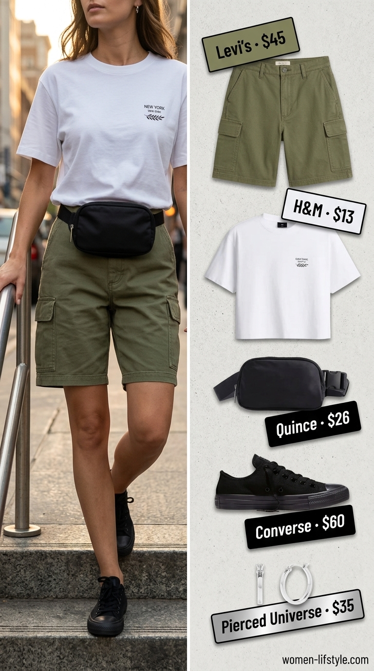 Effortless Casual Summer Outfits 2026: Cargo Shorts Set Effortless casual summer outfits women 2026: Olive cargo shorts, white graphic tee, black sneakers, and belt bag.