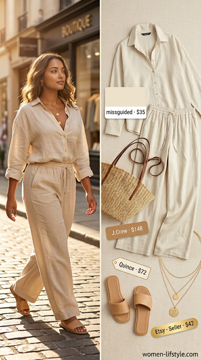 Breezy Linen Set for Summer 2026 Breezy coastal linen set outfit for women 2026: ecru oversized shirt, matching pants, straw tote, leather slides.