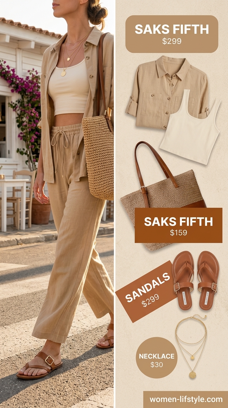 Coastal Linen Set 2026 Relaxed coastal linen set outfit for women 2026: cream oversized shirt, beige pants, straw tote, leather slides.