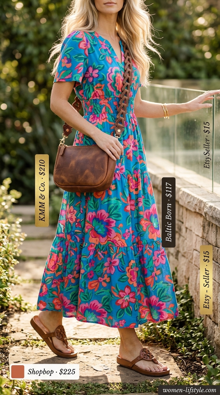 Effortless Casual Summer Outfits 2026: Floral Maxi Dress Effortless casual summer outfits for women 2026: Floral maxi dress, brown sandals, crossbody bag.