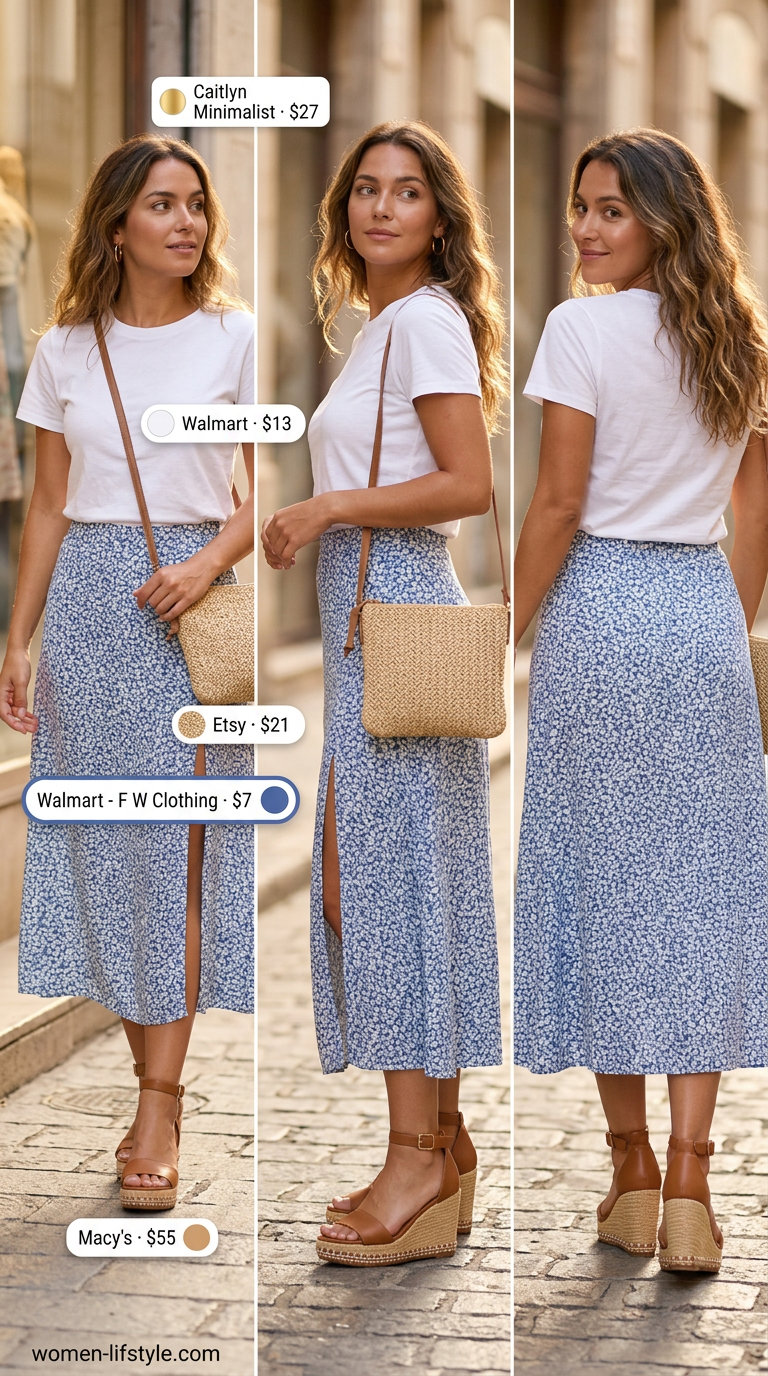 Effortless Casual Summer Outfits 2026: Midi Skirt Brunch Effortless casual summer outfits for women 2026: Blue floral midi skirt, white tee, espadrilles.