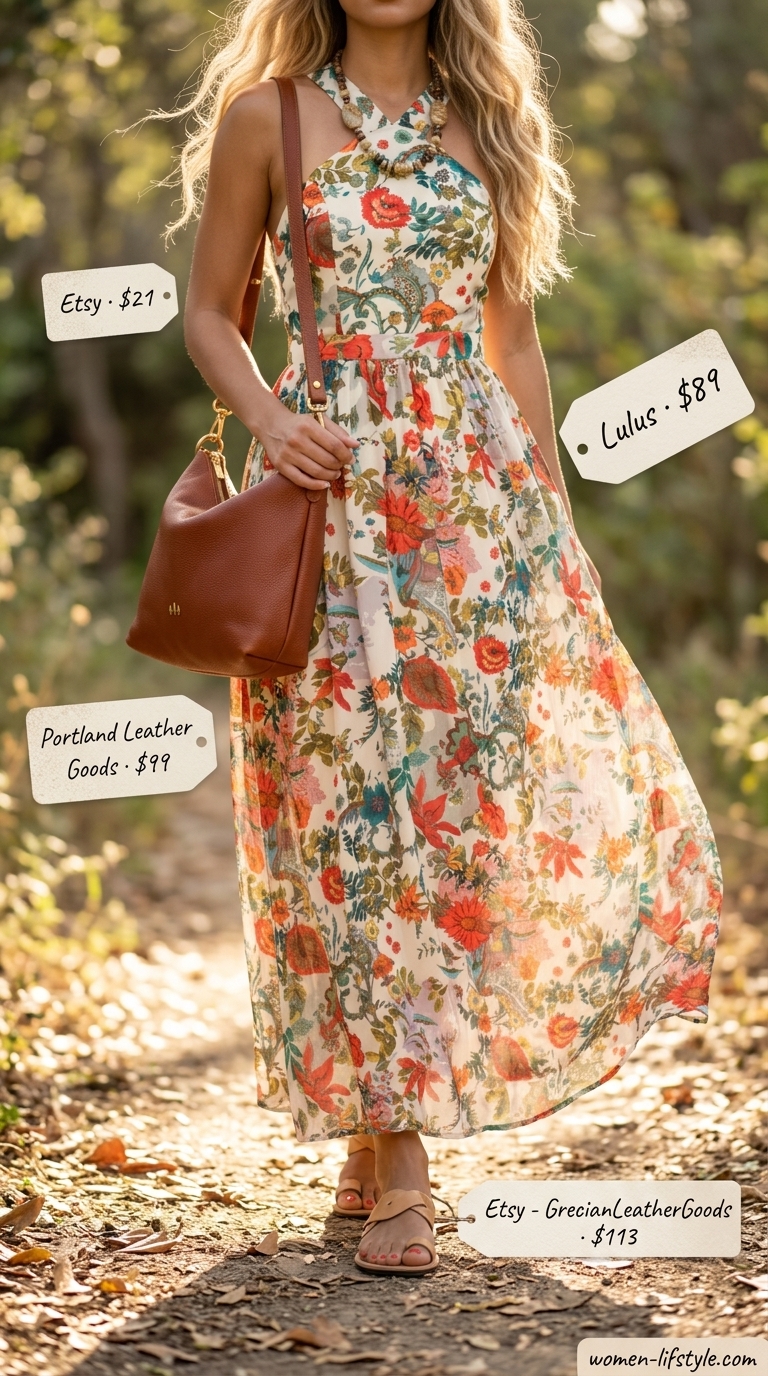 Boho Maxi Dress Vacation Outfit 2026 Bohemian floral maxi dress outfit for women 2026: multi-color print, tan sandals, beaded necklace, crossbody bag.