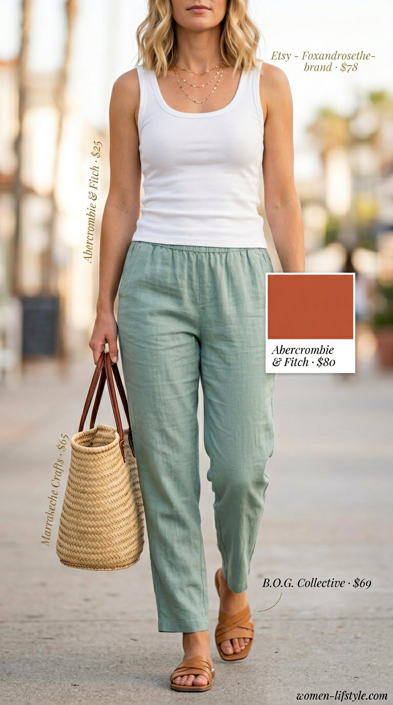 Effortless Casual Summer Outfits 2026: Linen Pants Look Effortless casual summer outfits for women 2026: Seafoam green linen pants, cream tank, straw tote.