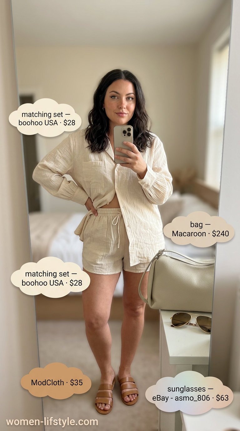 Effortless Casual Summer Outfits 2026: Linen Shorts Set Effortless casual summer outfits for women 2026: Beige linen matching set, leather slides, aviators.