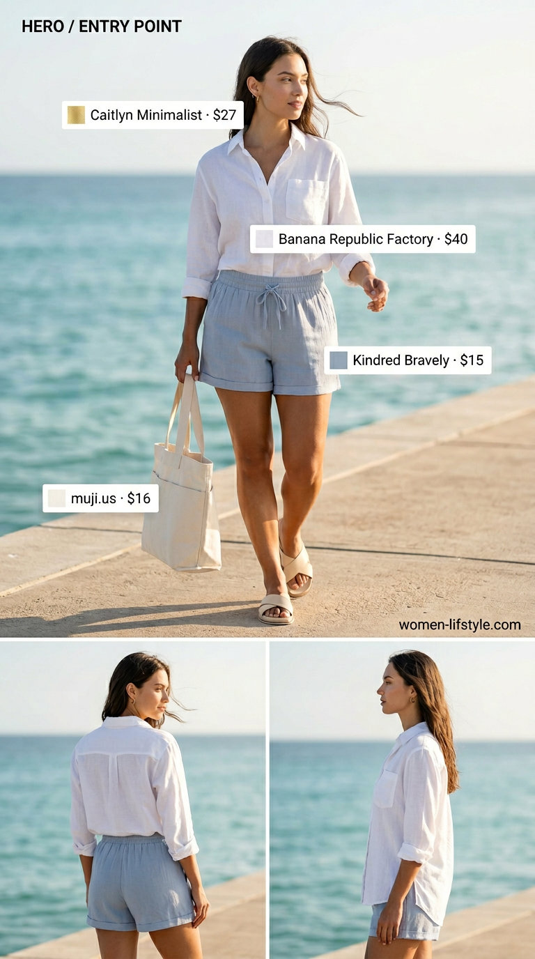 Effortless Casual Summer Outfits 2026: Linen Shorts Combo Effortless casual summer outfits for women 2026: Light blue linen shorts, white oversized shirt, beige slides.