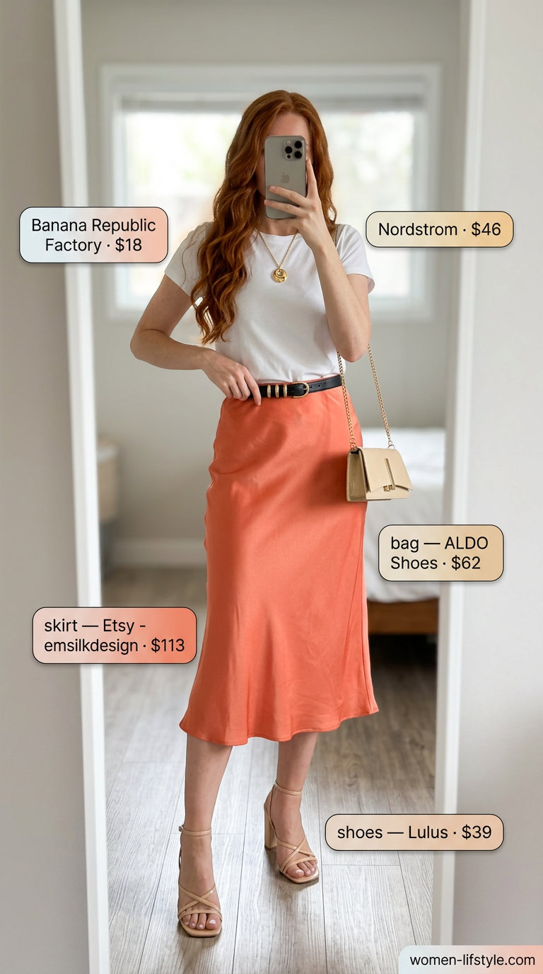 Effortless Casual Summer Outfits 2026: Midi Skirt Effortless casual summer outfits women 2026: Coral satin midi skirt, white tee, strappy sandals, and shoulder bag.