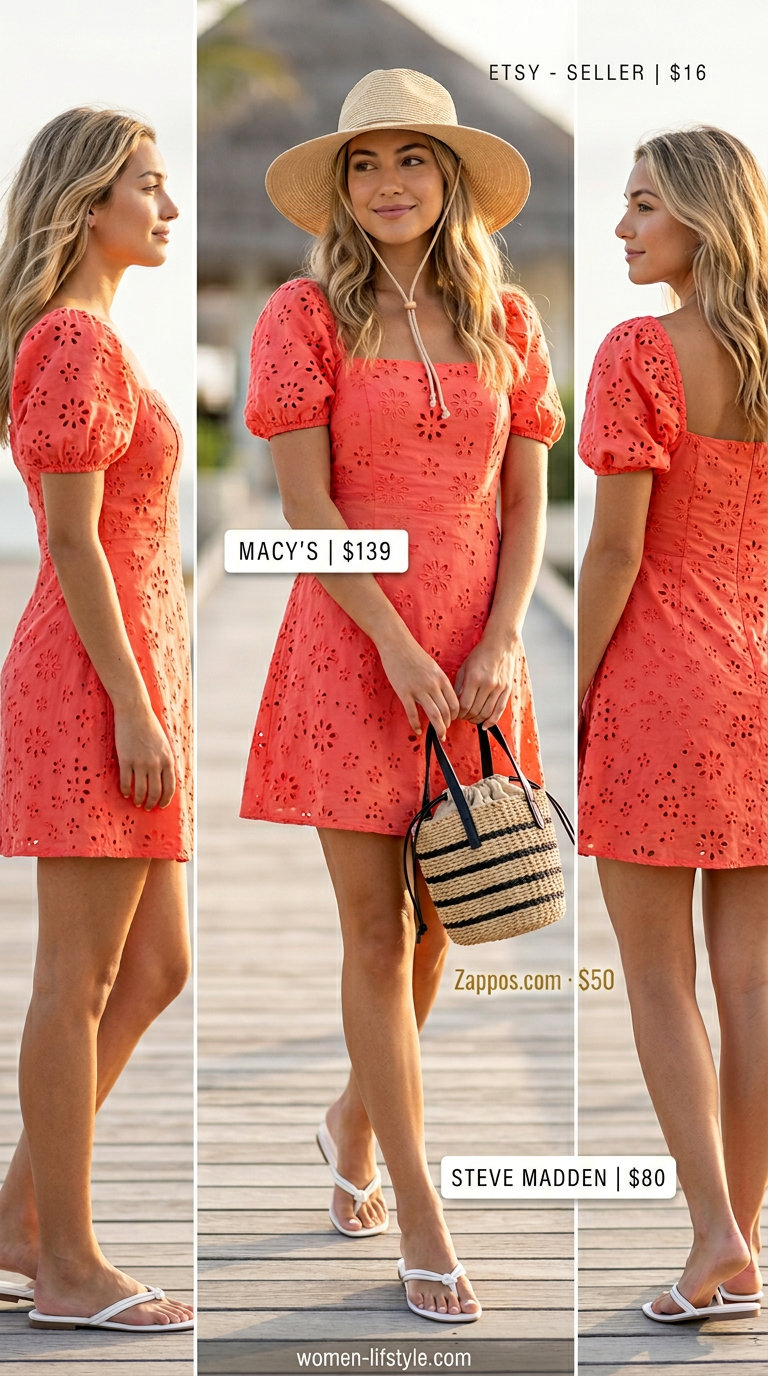 Effortless Casual Summer Outfits 2026: Mini Dress Effortless casual summer outfits women 2026: Coral mini dress, white sandals, straw bag, and wide-brim hat.
