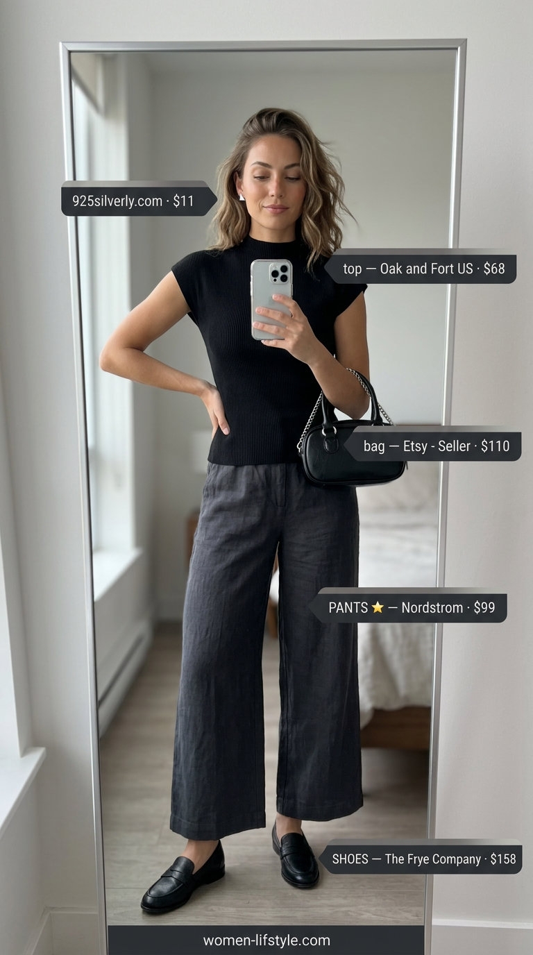 Minimalist Culottes Outfit 2026 Chic minimalist culottes outfit for women 2026: charcoal grey pants, black loafers, mock neck top, structured bag.