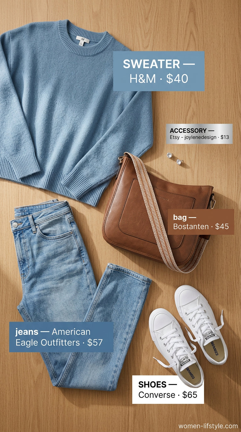 Casual Summer Knit Sweater Outfit 2026 Effortless casual summer outfit for women 2026: light blue knit sweater, straight-leg jeans, white sneakers, silver studs.