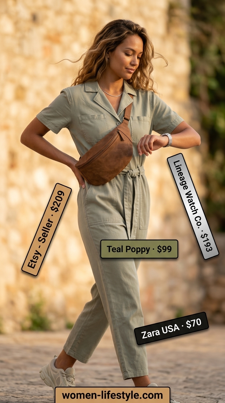 Effortless casual summer outfits for women 2026: Sage green jumpsuit, white sneakers, belt bag.