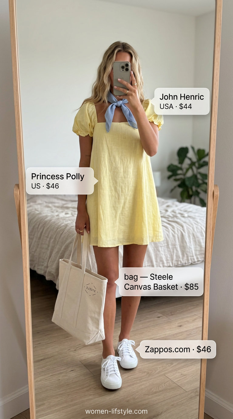 Effortless Casual Summer Outfits 2026: Sundress Effortless casual summer outfits women 2026: Lemon yellow sundress, white sneakers, canvas tote, and blue bandana.