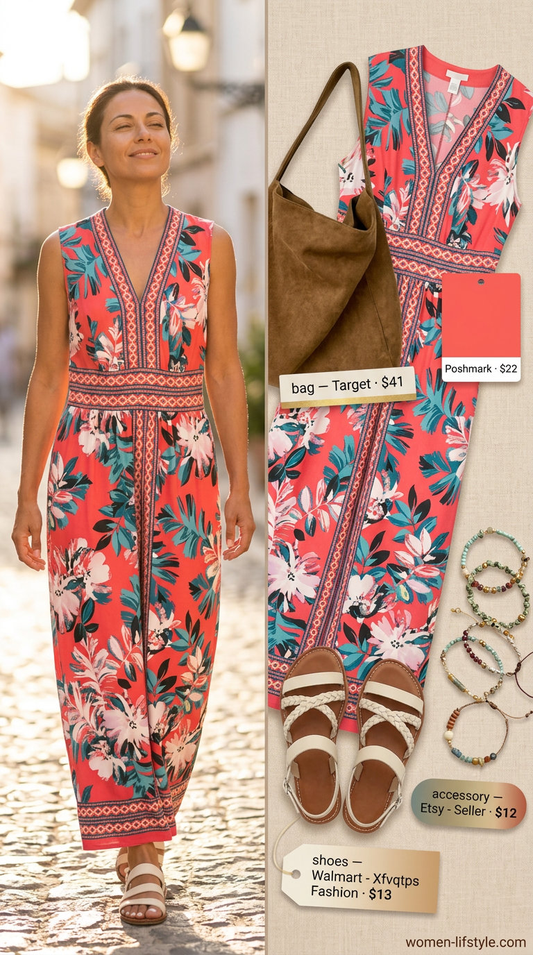 Boho Summer Maxi Dress 2026 Bohemian summer maxi dress outfit for women 2026: coral floral print, strappy sandals, wood bracelets, slouchy hobo bag.