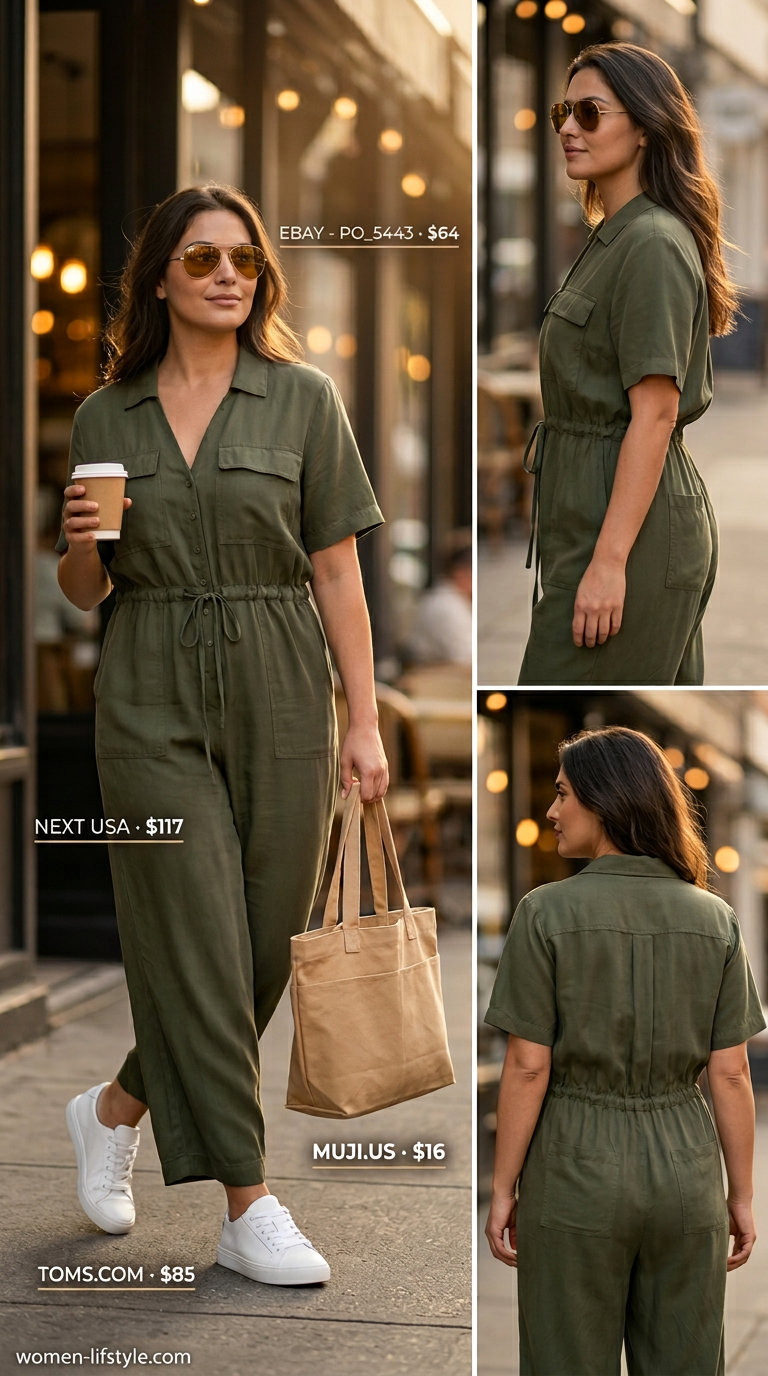 Effortless Casual Summer Outfits 2026: Utility Jumpsuit Effortless casual summer outfits women 2026: Olive green utility jumpsuit with white sneakers and canvas tote.