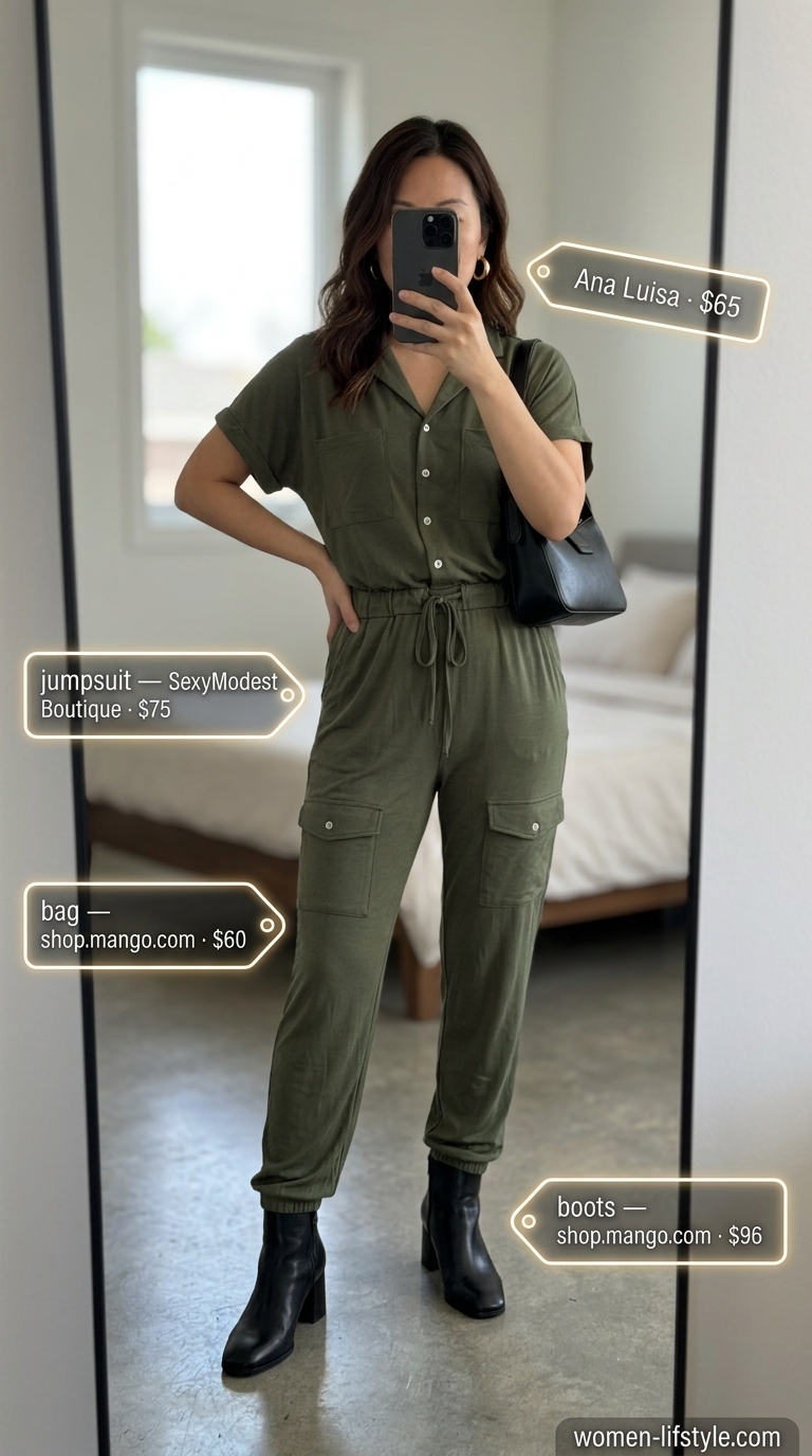 Effortless Casual Summer Outfits 2026: Utility Jumpsuit Effortless casual summer outfits for women 2026: Olive green utility jumpsuit, black boots, crossbody bag.