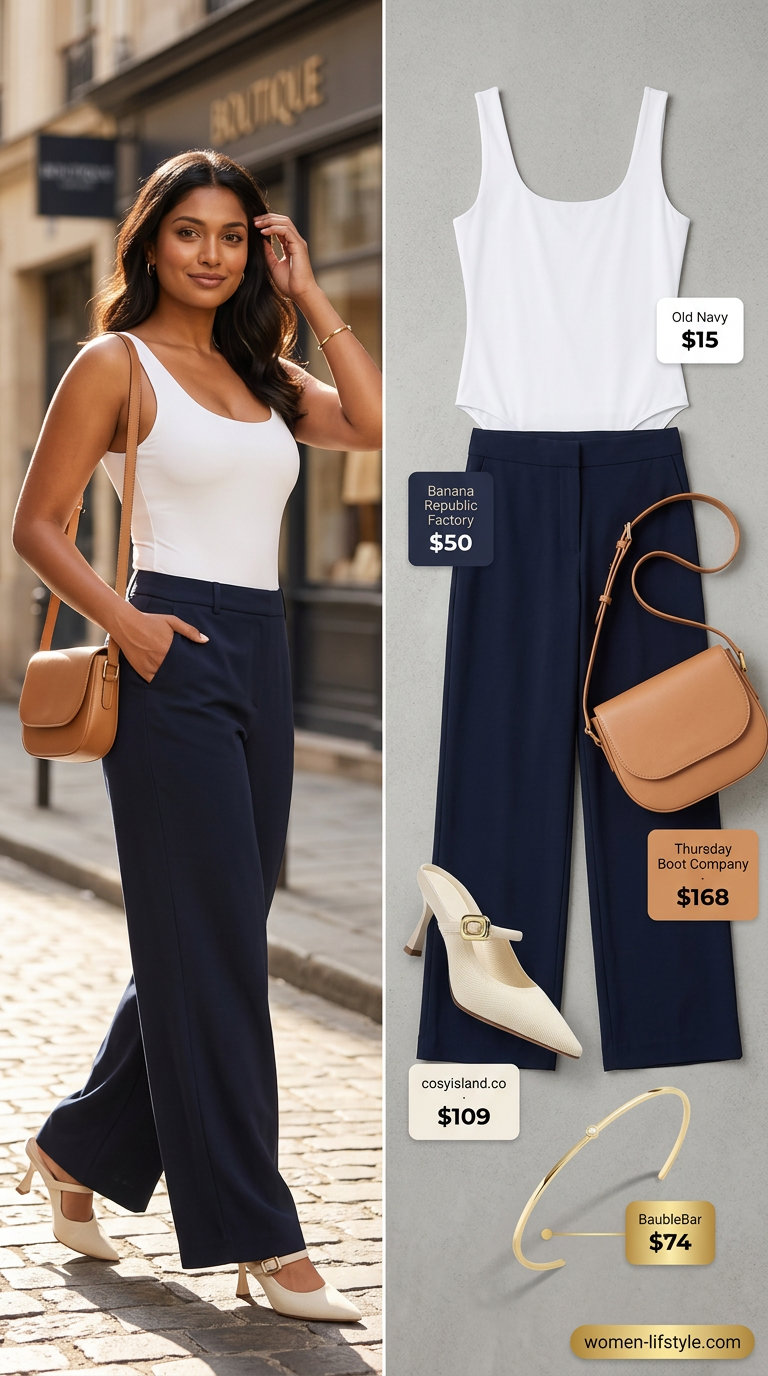 Effortless Casual Summer Outfits 2026: Wide-Leg Trousers Effortless casual summer outfits women 2026: Navy wide-leg trousers, white bodysuit, heeled mules, and gold cuff.