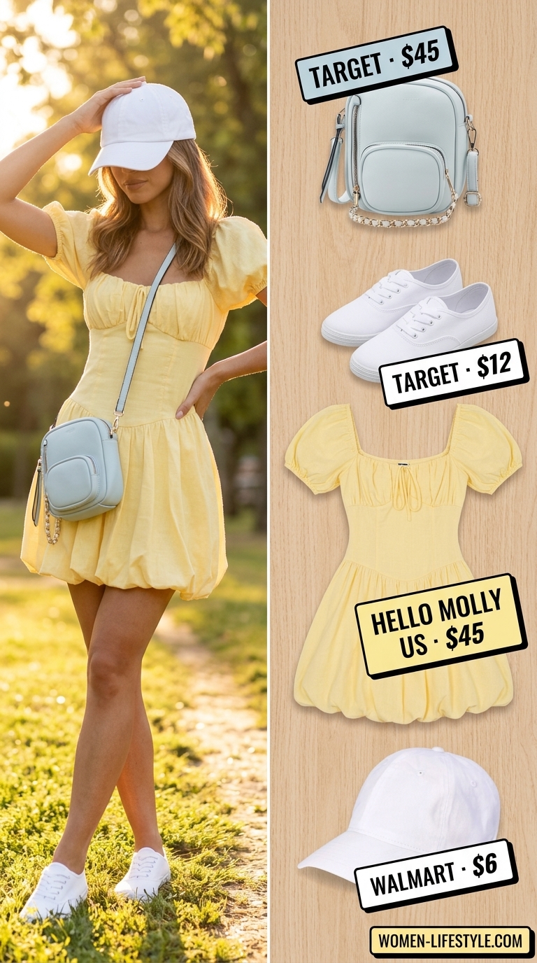 Effortless Casual Summer Outfits 2026: Mini Dress Fun Effortless casual summer outfits for women 2026: Lemon yellow mini dress, white sneakers, baseball cap.