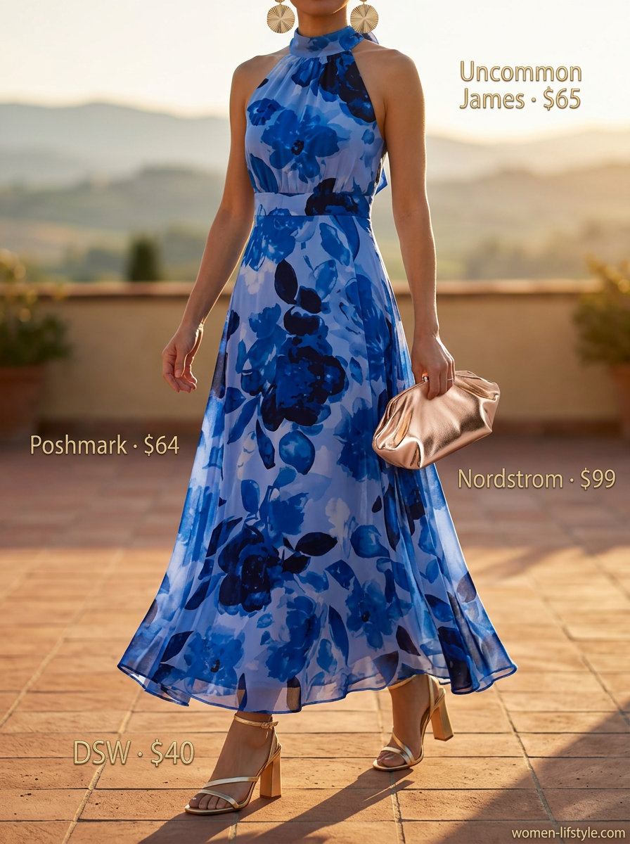 Effortless Italian summer outfit: Cobalt blue maxi dress, gold sandals, gold clutch, drop earrings.